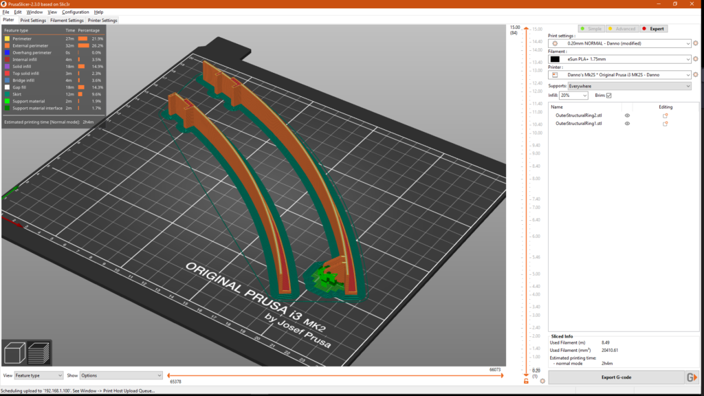 Screen shot of PrusaSlicer. Two thin ring segments with various brackety bits are being sliced.